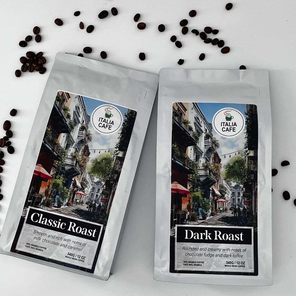 2 bags of 340G Italia Cafe Coffee Beans Classic and Dark Roast Coffee Beans with scattered beans in the background.