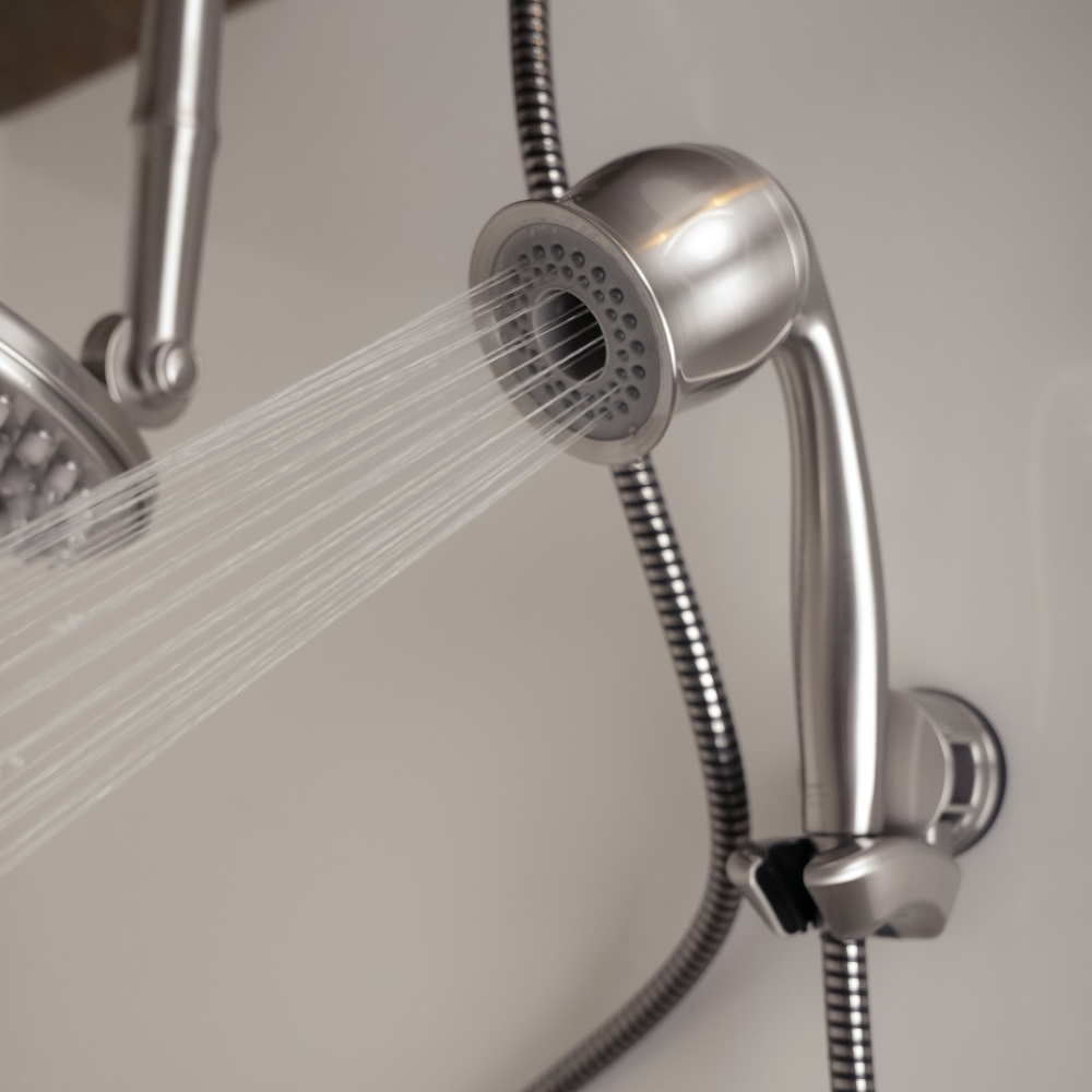 ShowerMe® Handheld Showerhead Brushed Nickel with water running