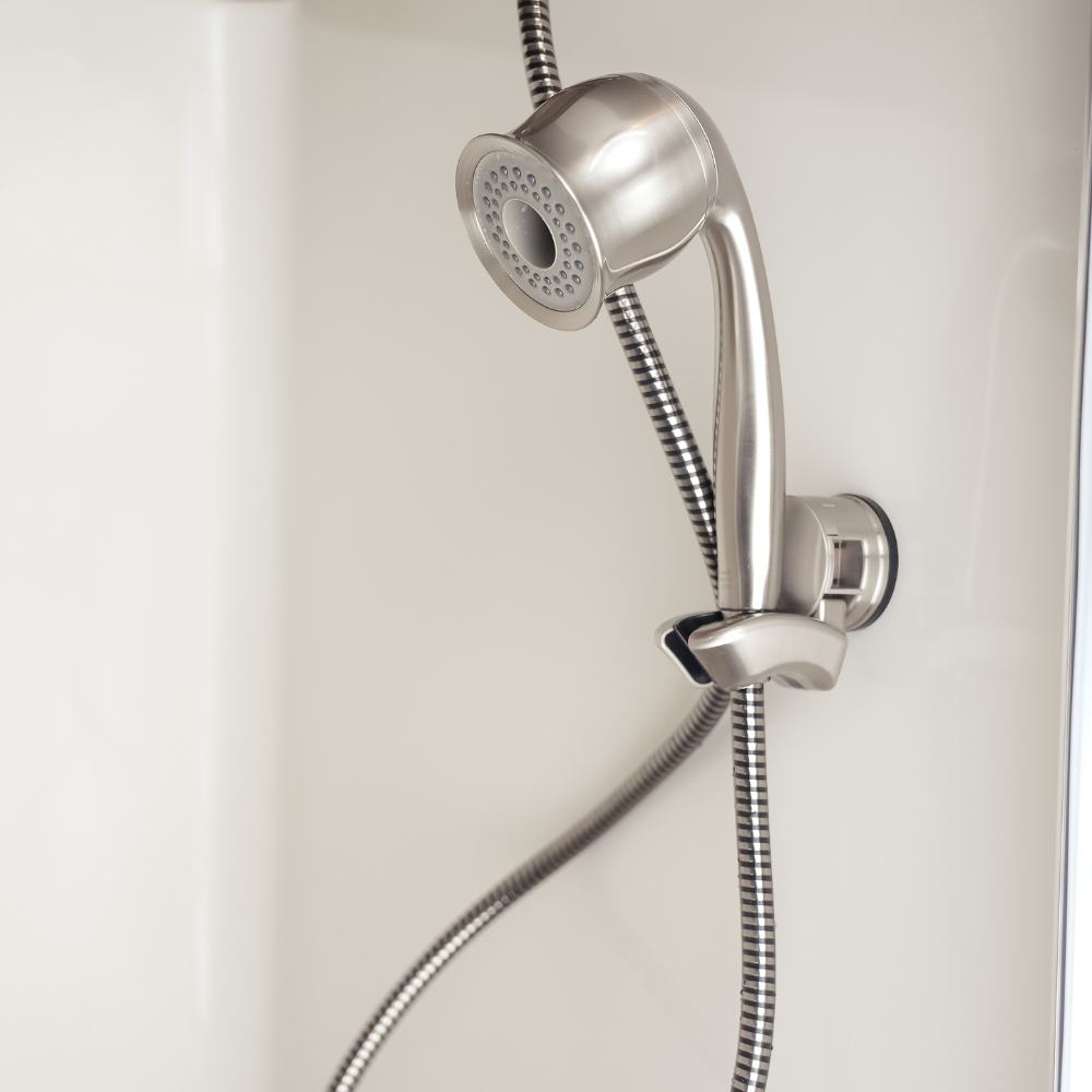 ShowerMe® Handheld Showerhead in Brushed Nickel mounted on shower wall
