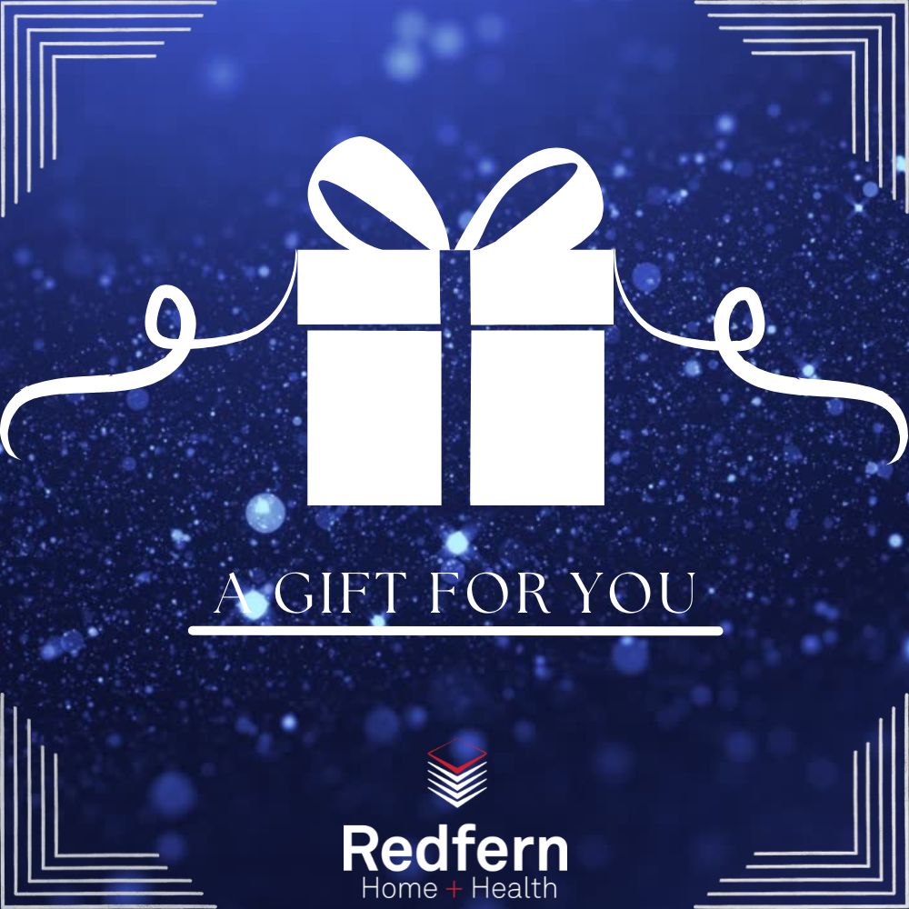White gift box with a bow on a blue background with 'Redfern Home + Health' logo.