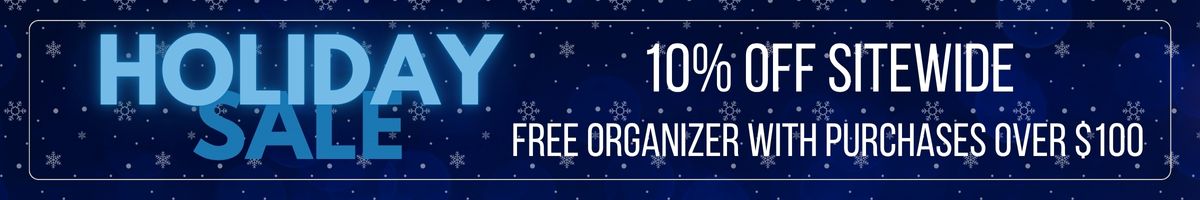 Holiday sale banner with text and snowflake design on a blue background