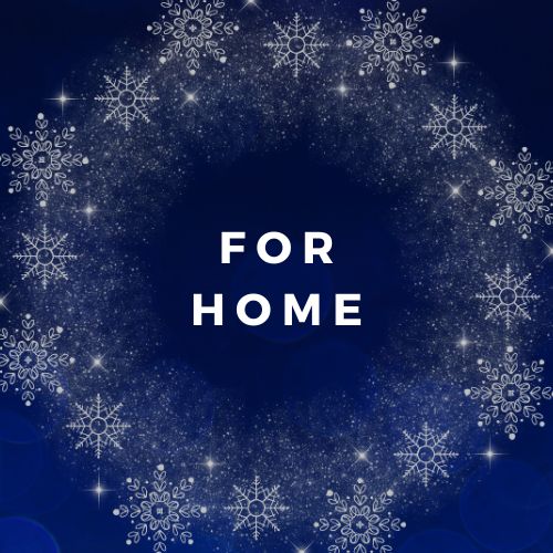 Decorative design with snowflakes and 'FOR HOME' text on a dark blue background