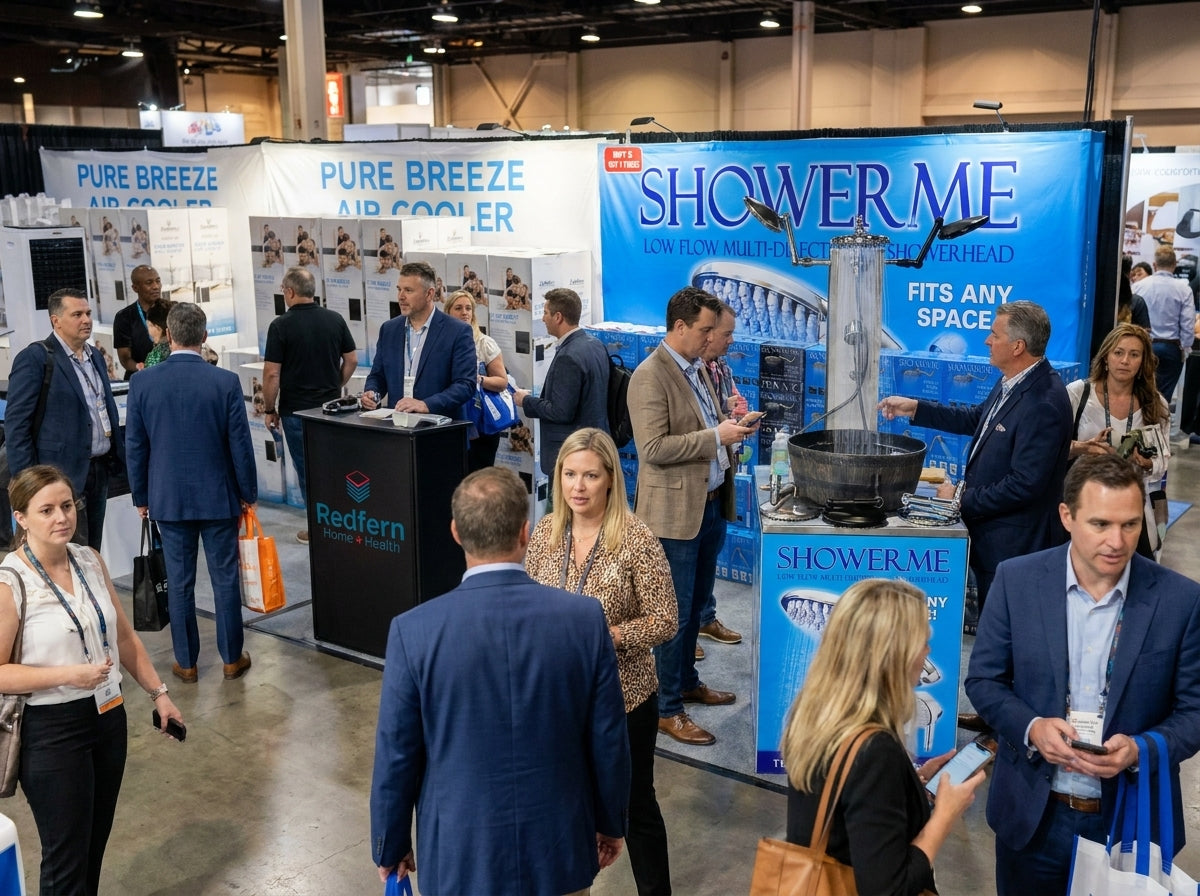 Visitors at a Redfern trade-show booth featuring ShowerMe and Pure Breeze products.