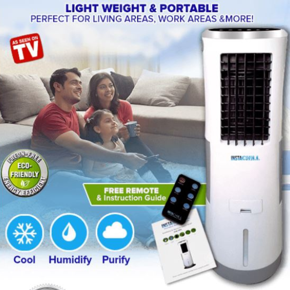 Portable air cooler in a living room setting, highlighting features like cooling, humidifying, and purifying, with remote and guide visible.