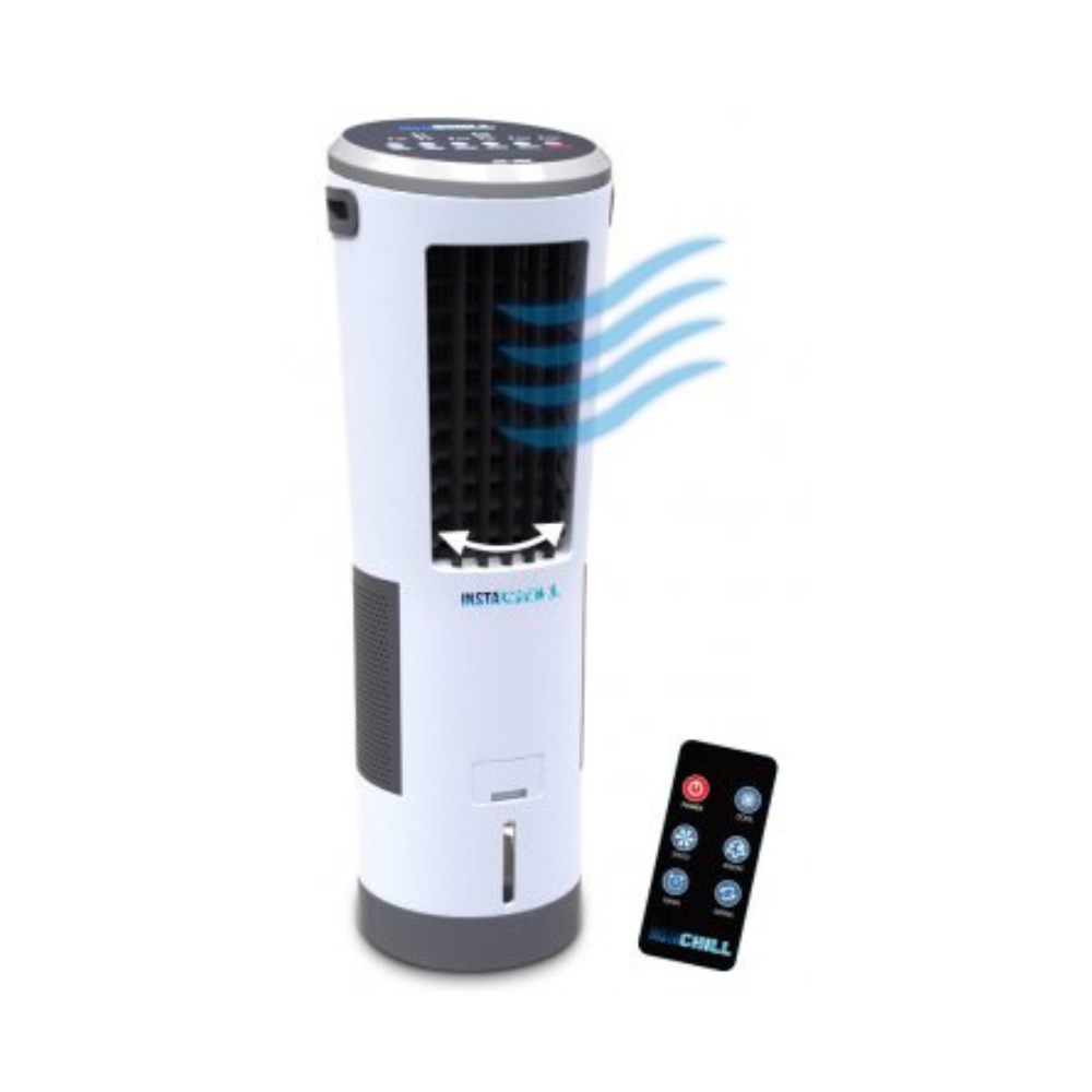 A sleek white portable air cooler with a remote control, featuring adjustable airflow and digital controls for easy temperature management.