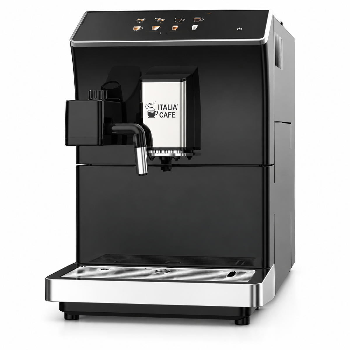 Black Italia Cafe fully automatic coffee machine, primary view on a white background