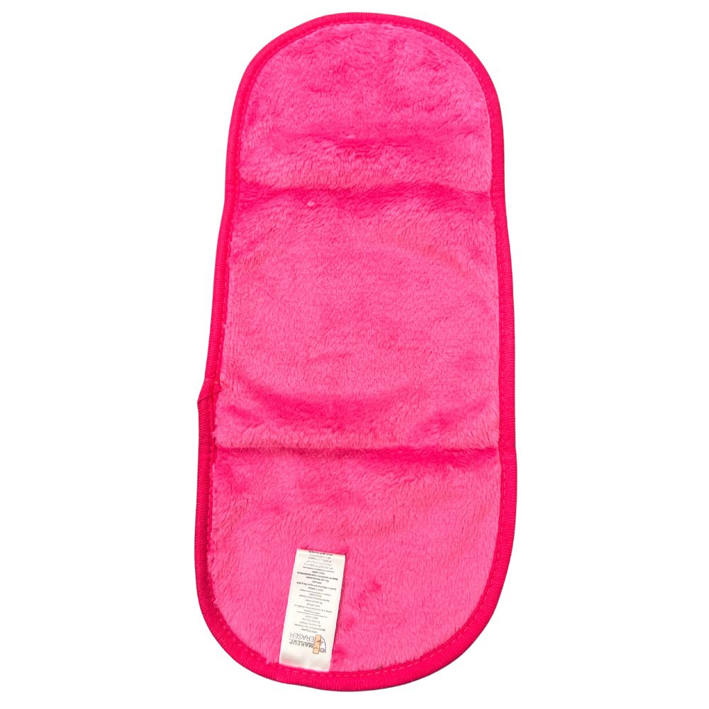 Pink Makeup Eraser Cloth with a label on a white background