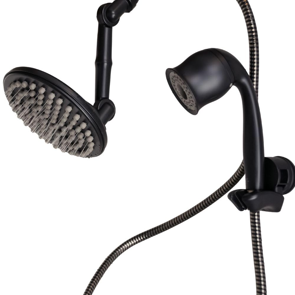 Black shower head and handheld shower with flexible hose on a white background