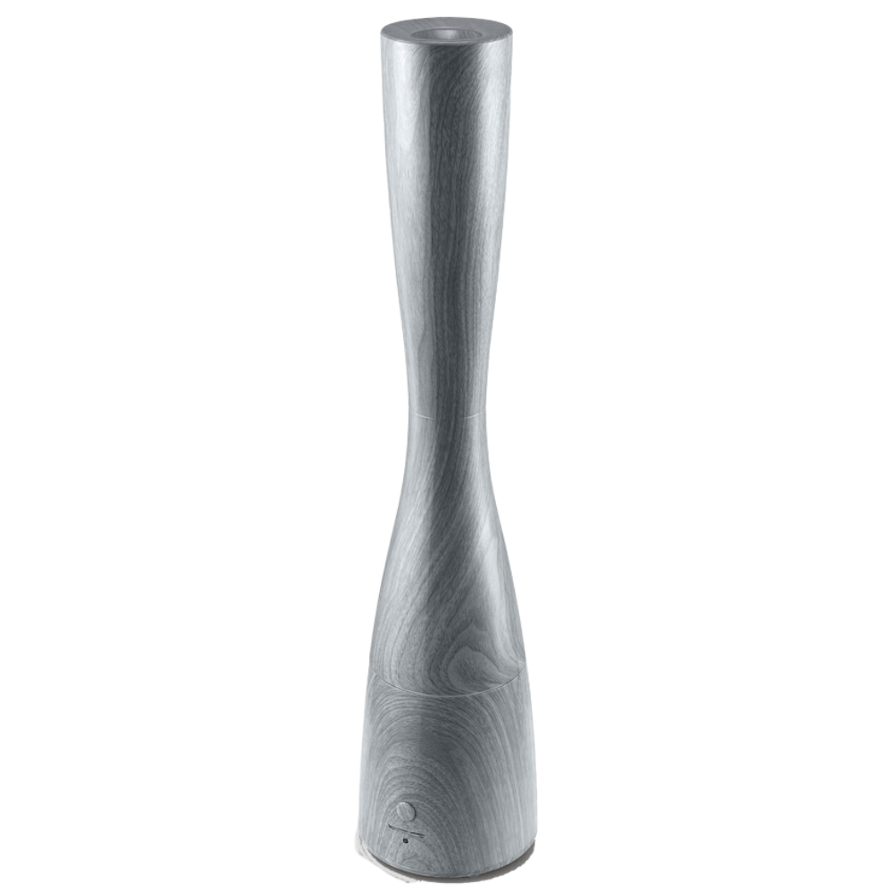 Micro Mist Tower Humidifier and Essential Oil Diffuser in grey wood on white background.