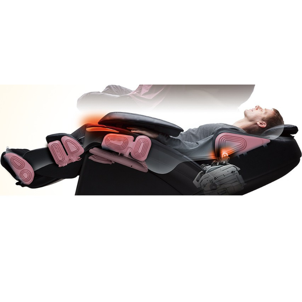 A reclining massage chair featuring targeted pink massagers for leg and back relief, highlighting its ergonomic design and comfort features.