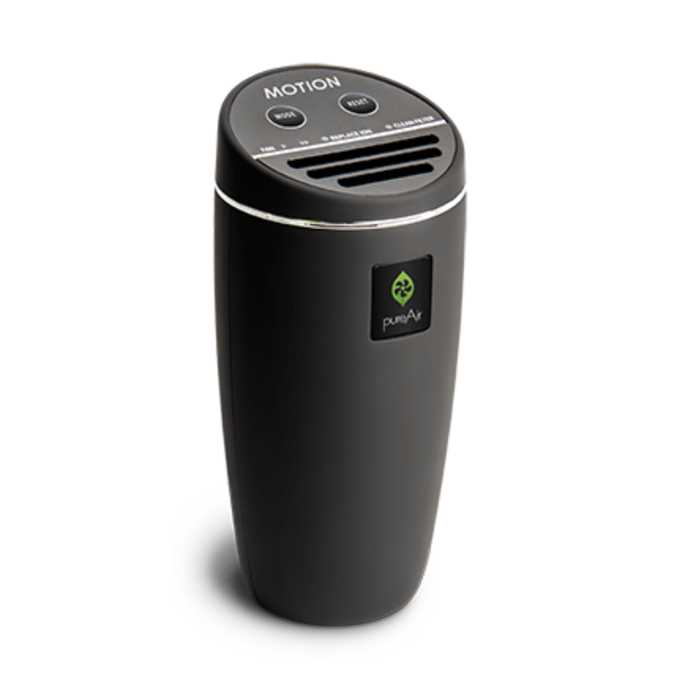 Sleek black air purifier with a rounded top featuring control buttons for mist and mode. The "pureAir" logo is displayed on the front.