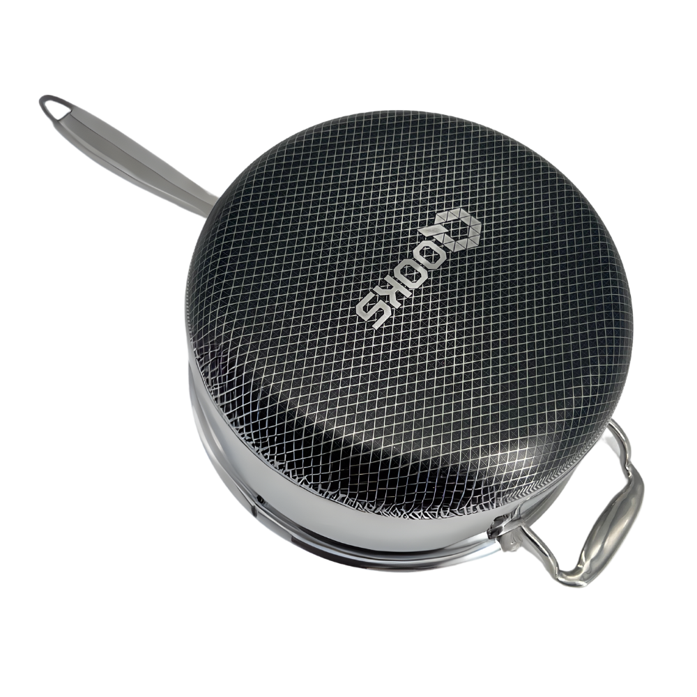 Qooks Cookware Kitchen bottom of stock pot with uniform heat distribution and oven-safe design.