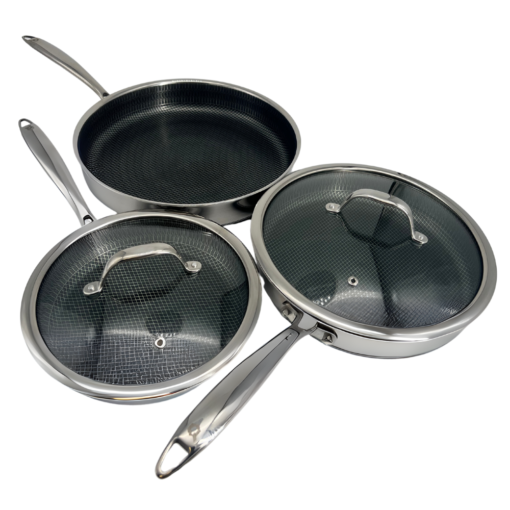 Qooks Cookware 3 frypan set with 2 lids Kitchen Redfern similar to hexclad