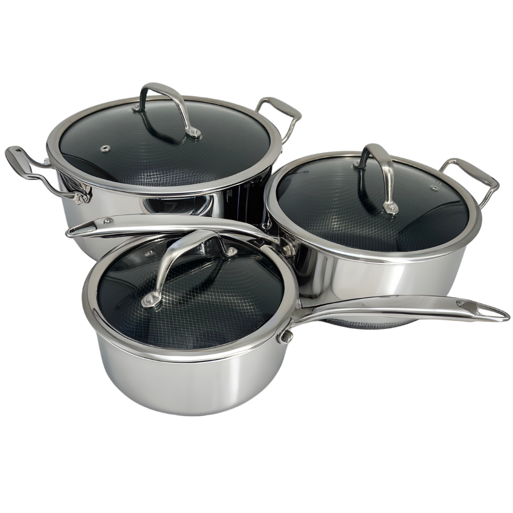Qooks 3 stockpot cookware set with Quick Release Technology stackable, space-saving design and Non-Toxic Coating.