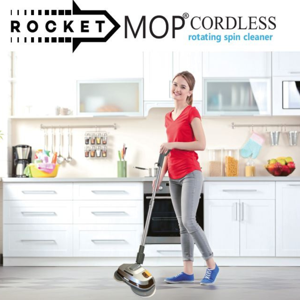 A woman in a modern kitchen uses a cordless Rocket Mop, showcasing the rotating spin cleaner on a polished floor.