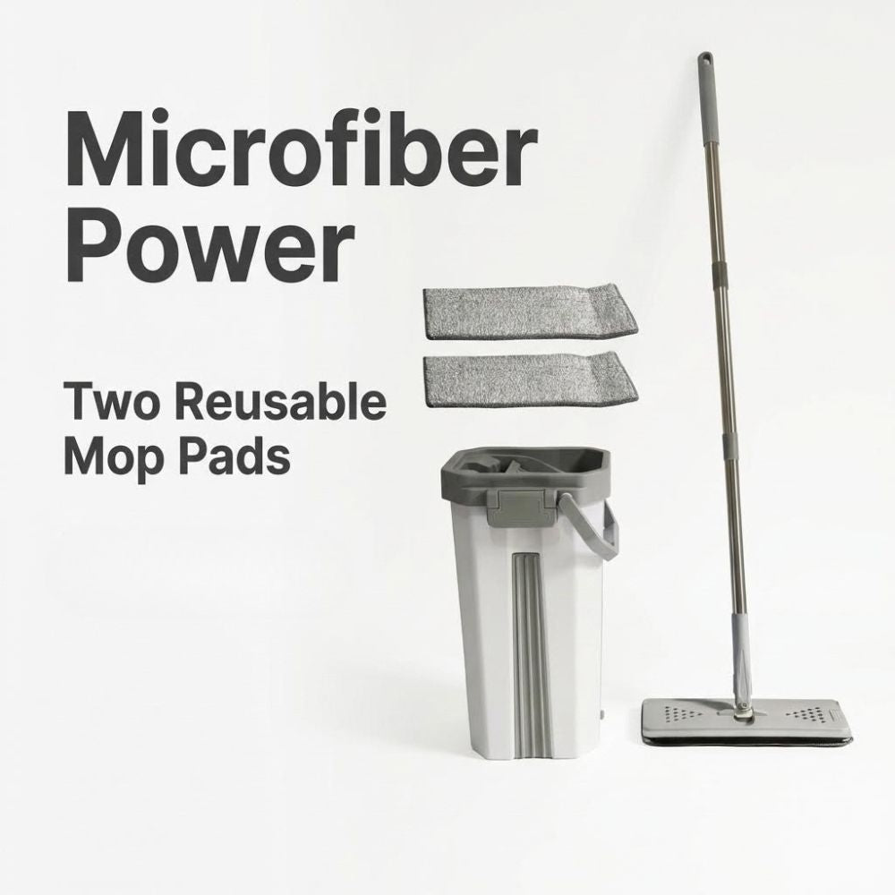Microfiber cleaning system with mop and reusable mop pads on a white background