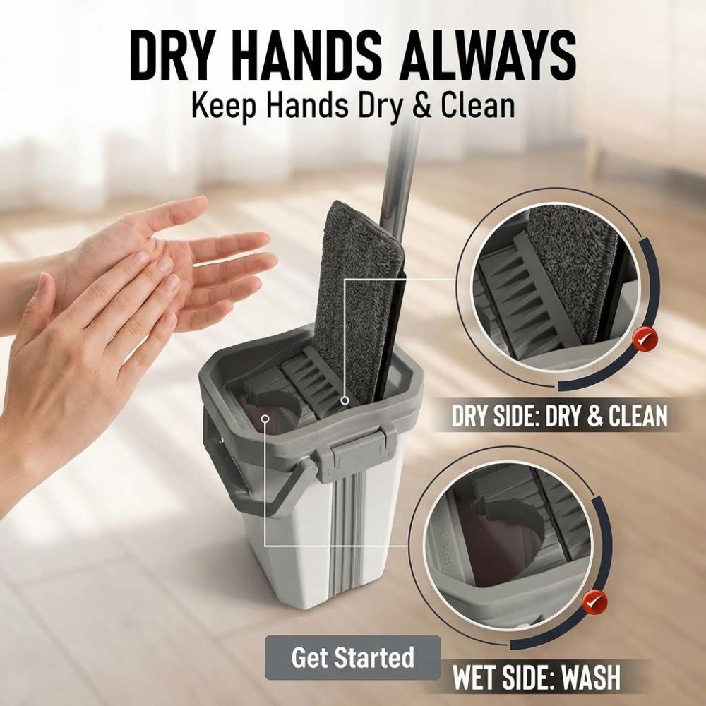 Mop with sponge head and text 'Dry Hands Always' on a blurred background