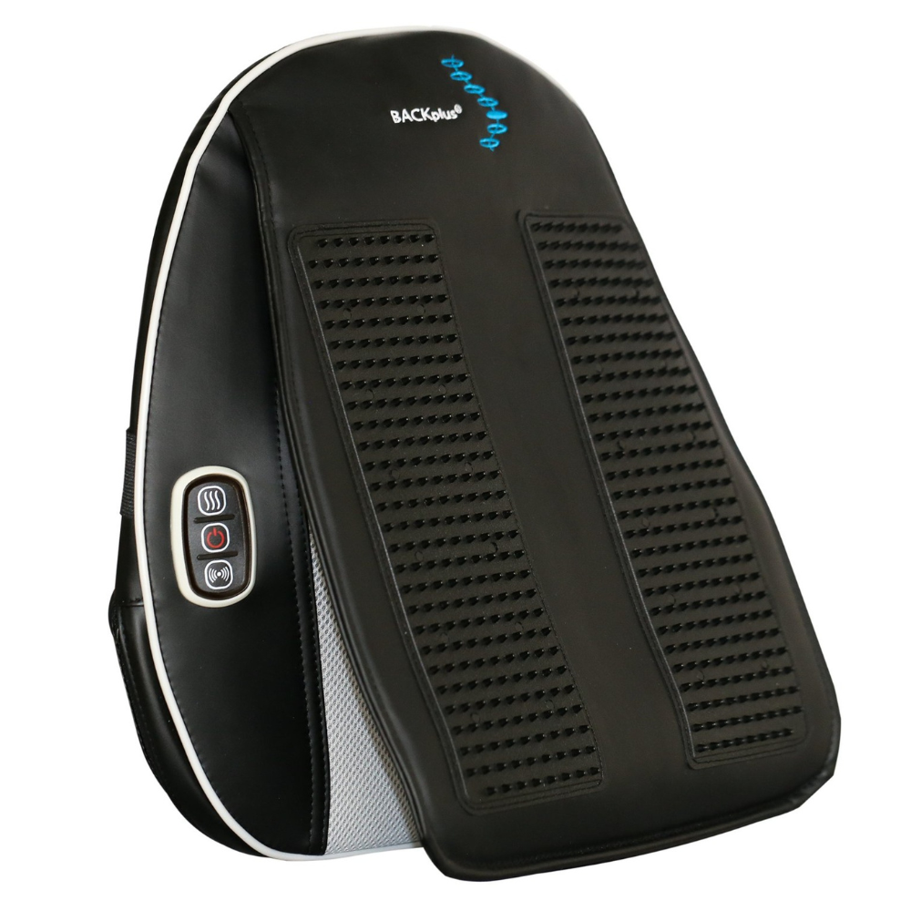 Black ergonomic back support cushion with heat and massage features, designed for comfort and spinal support.