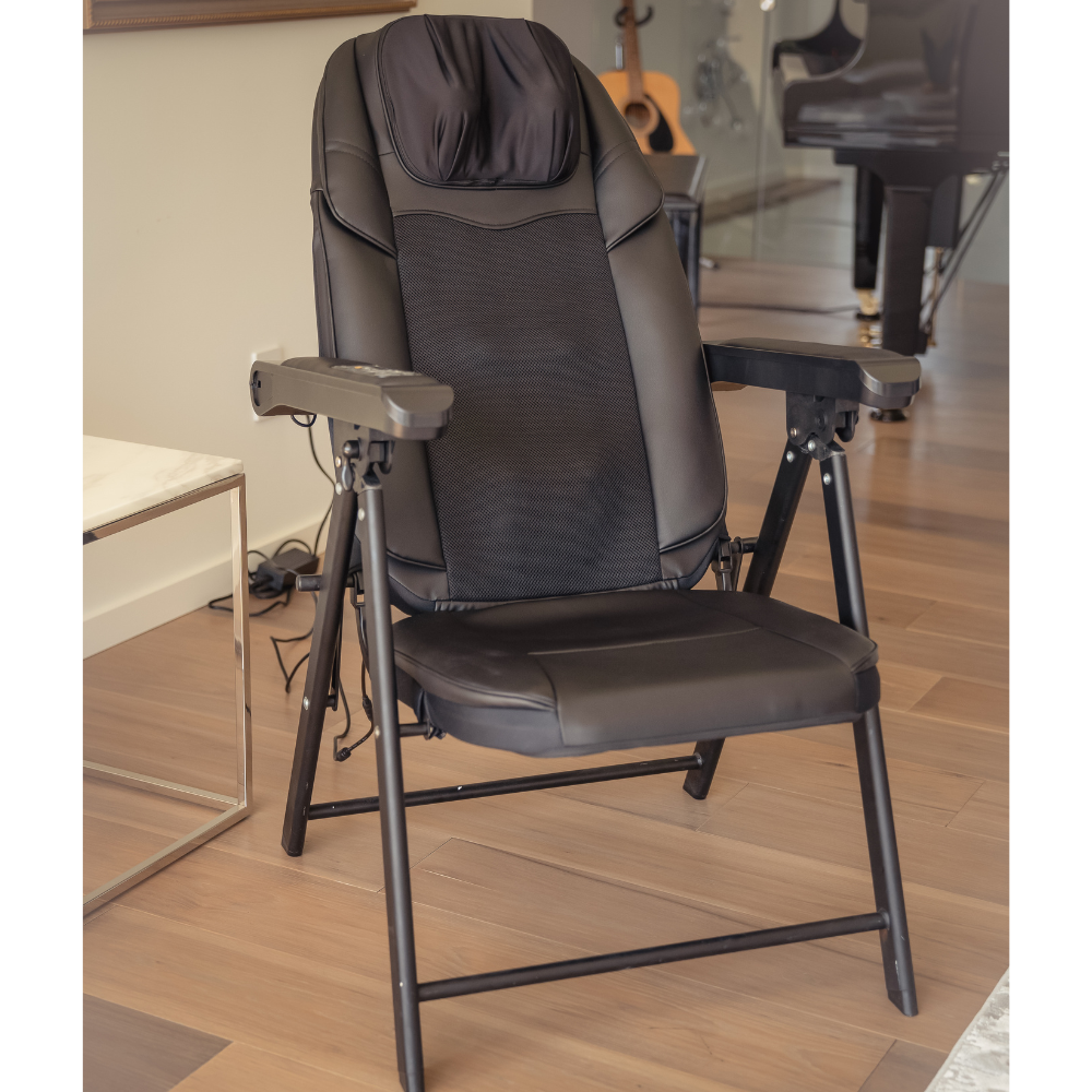BACKplus Shiatsu Portable Massage Chair on wood flooring