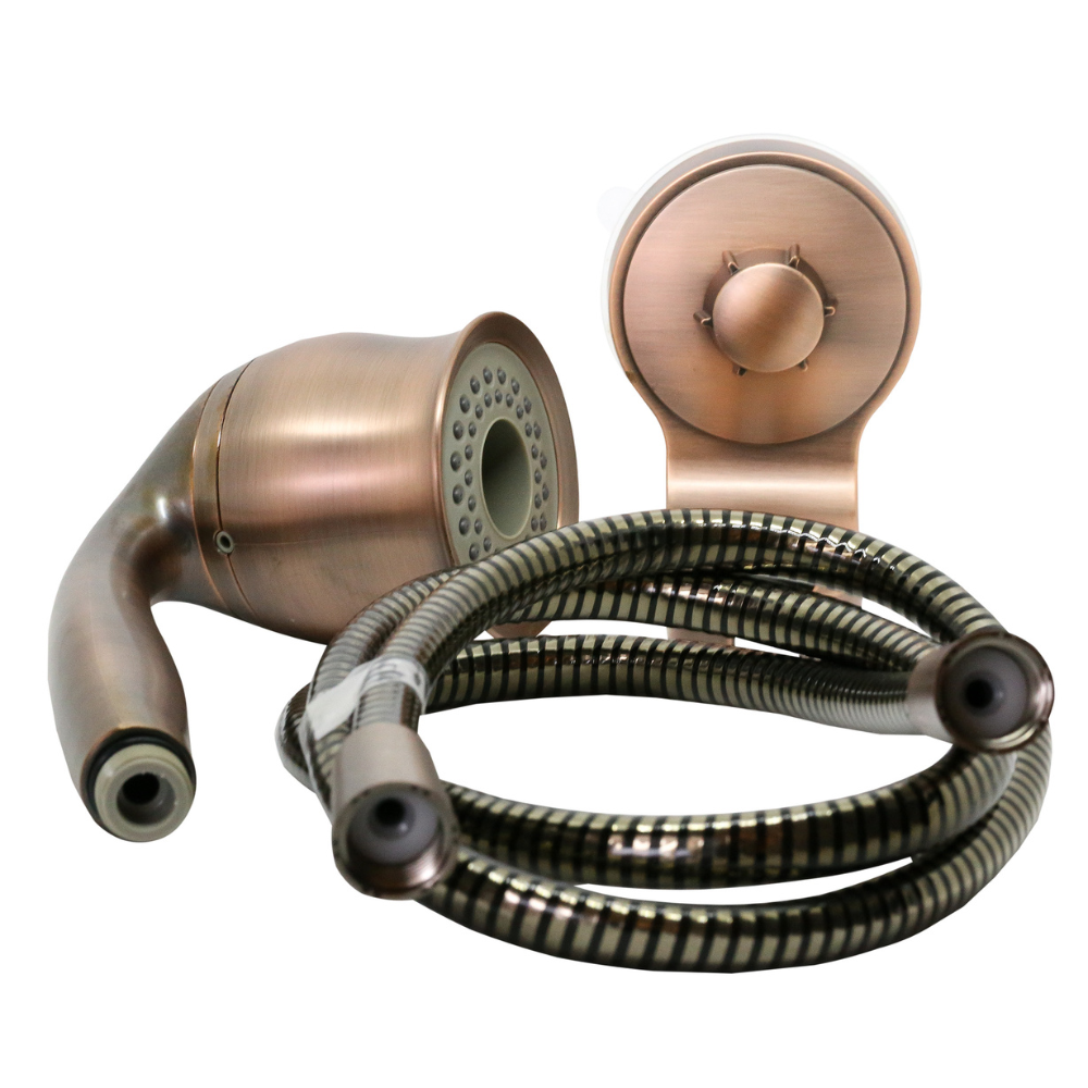 Bronze shower handset and hose set. The image shows a coiled metallic hose and a round wall mount. The bronze finish conveys elegance and modernity.
