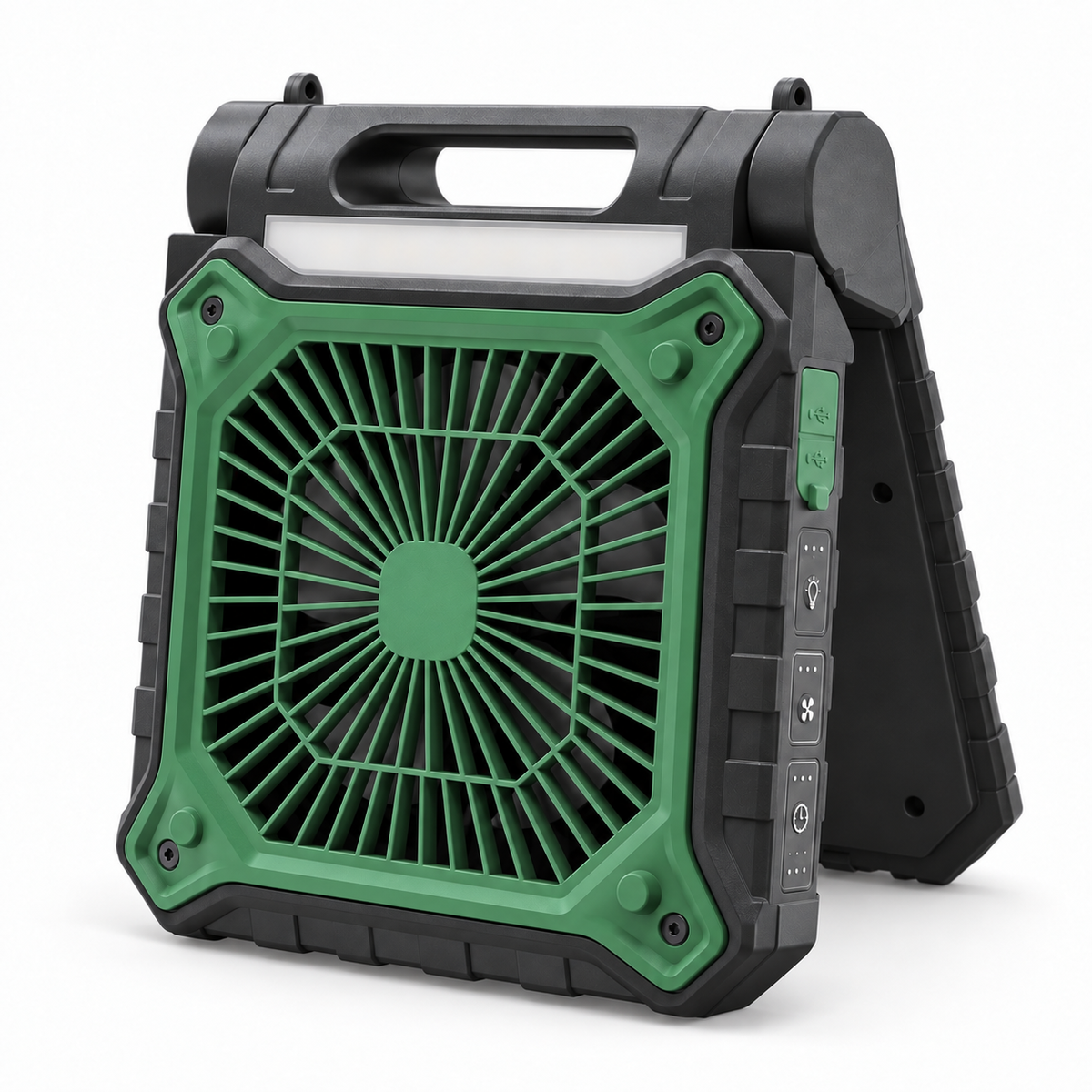 Green Solar Fan, front-right three-quarter view showing the folding stand and side controls on a white background.