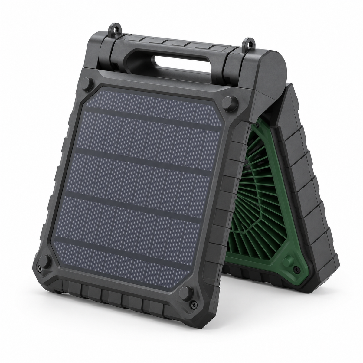 Solar Fan, rear three-quarter view showing its built-in solar panel and green front grille on a white background.