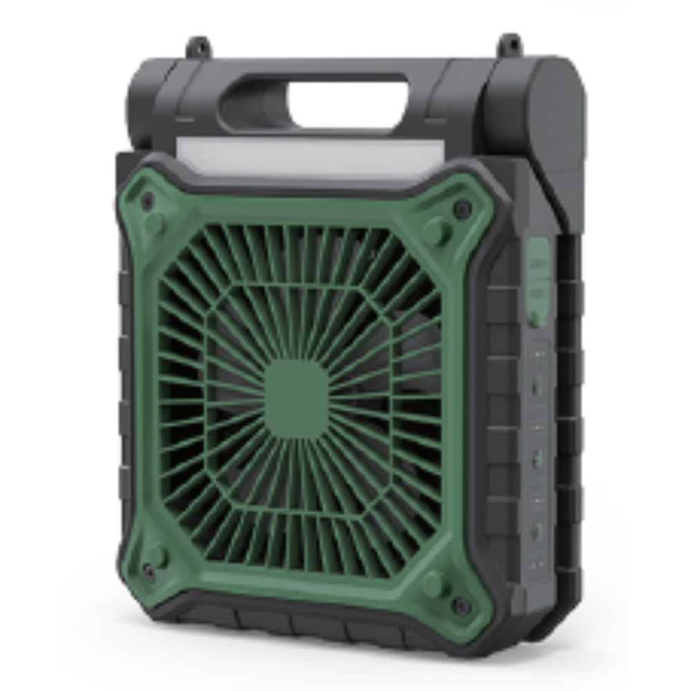 Solar Portable Fan in green and black on white background.
