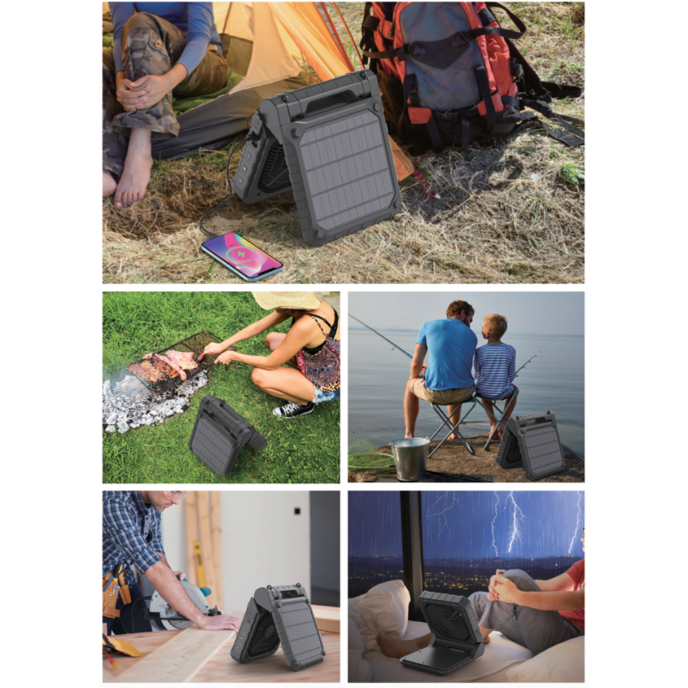 Group of people enjoying the Solar Portable Fan in various scenarios like camping, working and power outages.