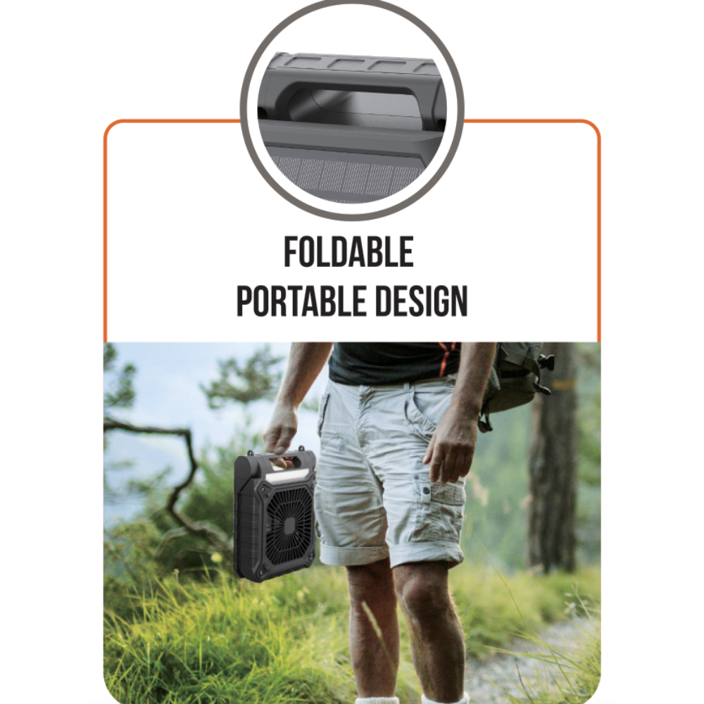 Image of man holding the Solar Portable Fan showing its easy to carry and portable.