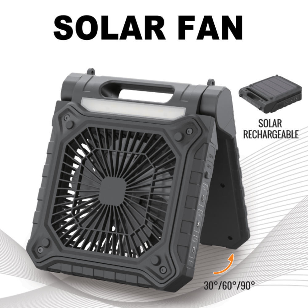 Portable solar rechargeable fan with adjustable speed settings, depicted in a black colour, with a solar panel on the back.
