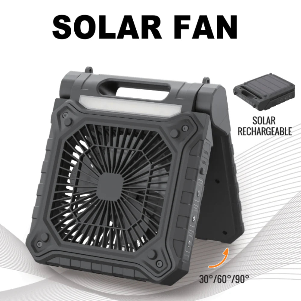 Solar Portable Fan tilt adjustability with solar panel on one side.