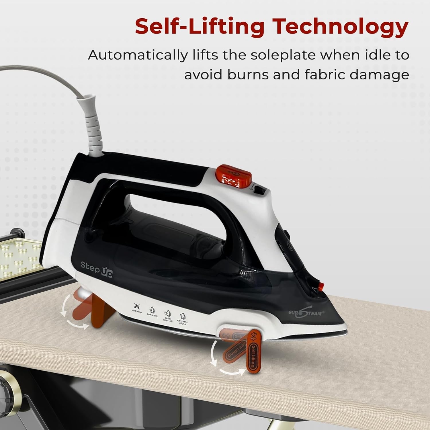 Eurosteam® Step Up Iron with self-lifting technology. Lightweight Eurosteam Step Up Iron for comfortable, extended use.