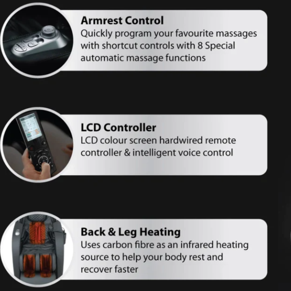 TEBO Chair, Luxurious Robotic Hands - Elite Massage Chair features like armrest control. LCD controller and heating