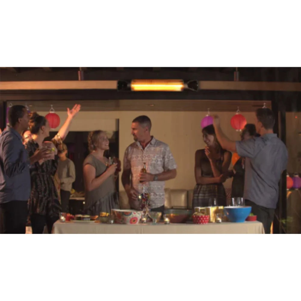 Group of friends gathering around a table with a mounted Tiva Heater in the background