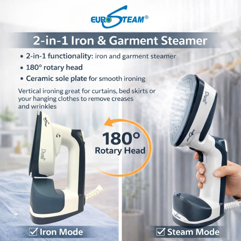 EuroSteam 2-in-1 Iron & Garment Steamer with features highlighted on a blurred background.