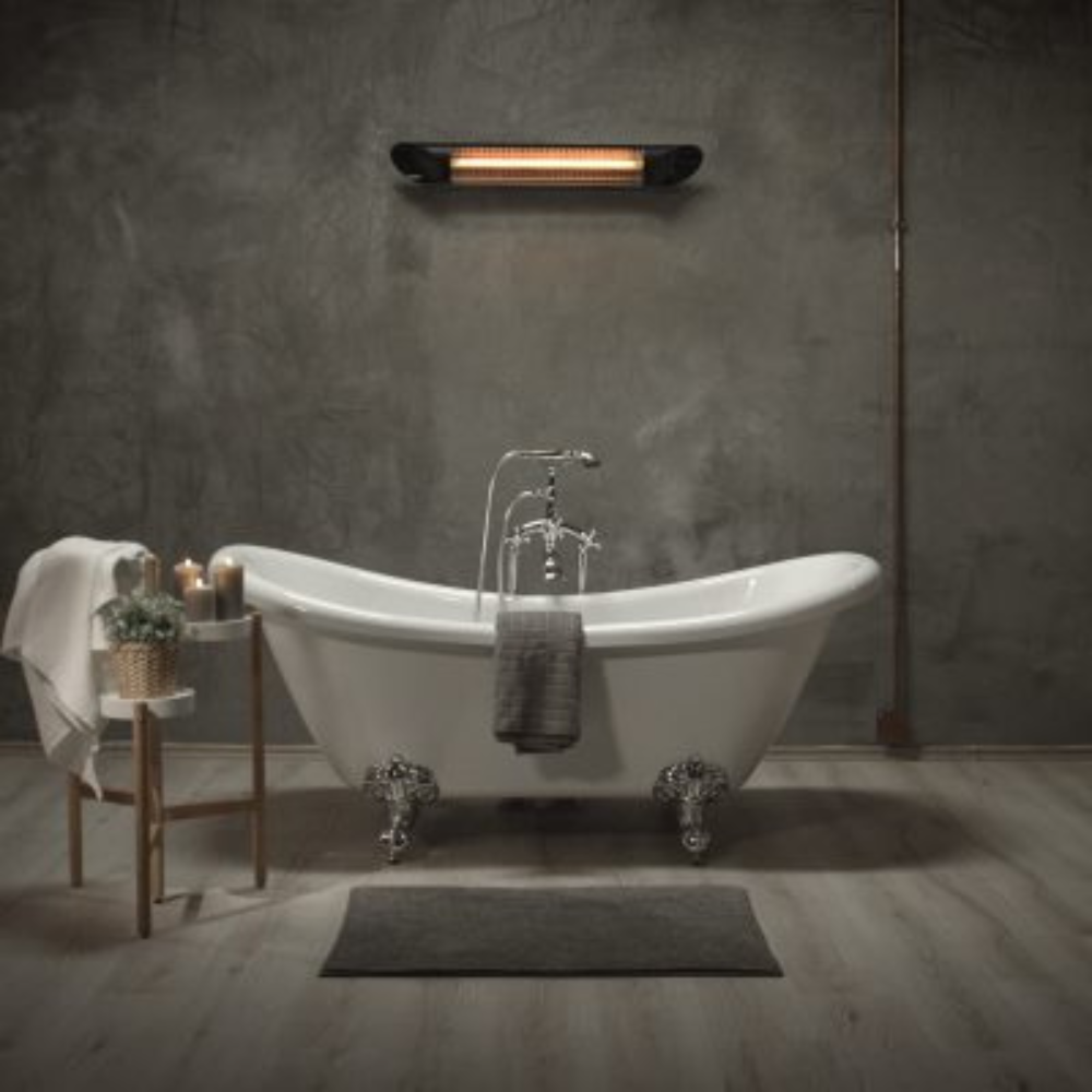 Veito® Blade 1500W Heater Recertified space heater mounted above clawfoot bathtub
