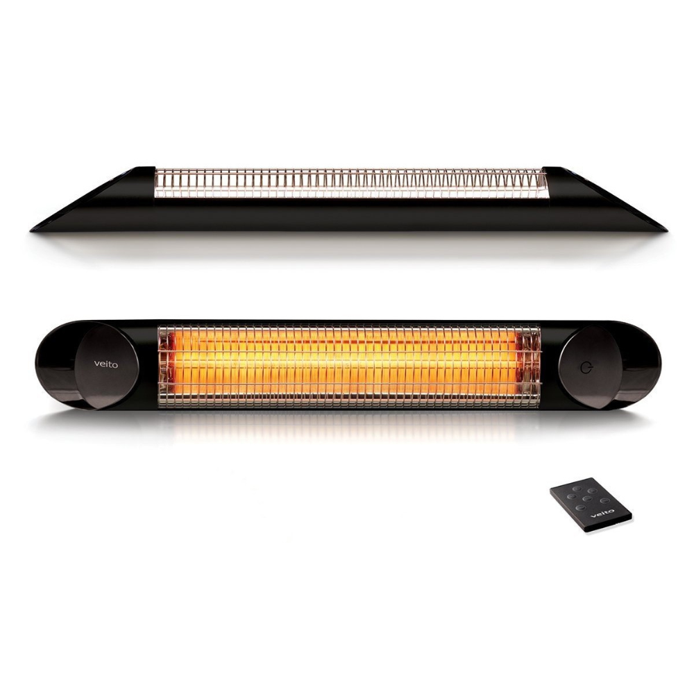 top and side view of Veito® Blade S 2500W Heater Recertified Space Heater Veito in Black with remote.