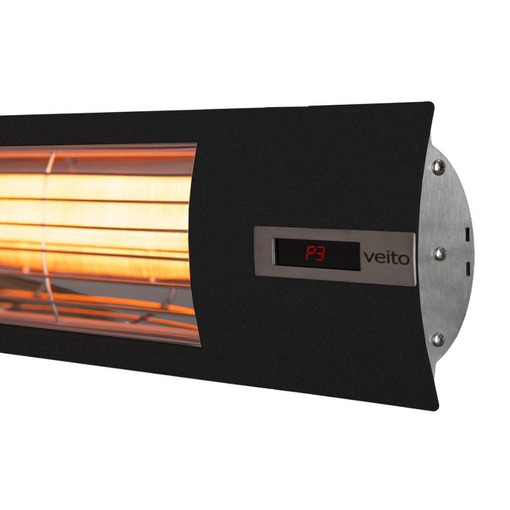 Infrared patio heater with visible 'veito' branding on a white background