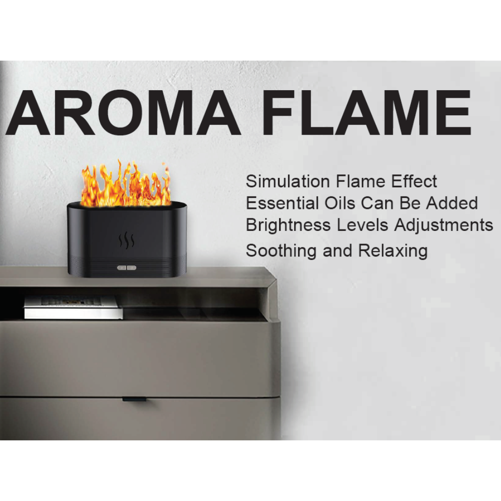 A black diffuser on a shelf emits a simulated flame effect. Text reads: "AROMA FLAME" and details features like essential oils and brightness adjustments.