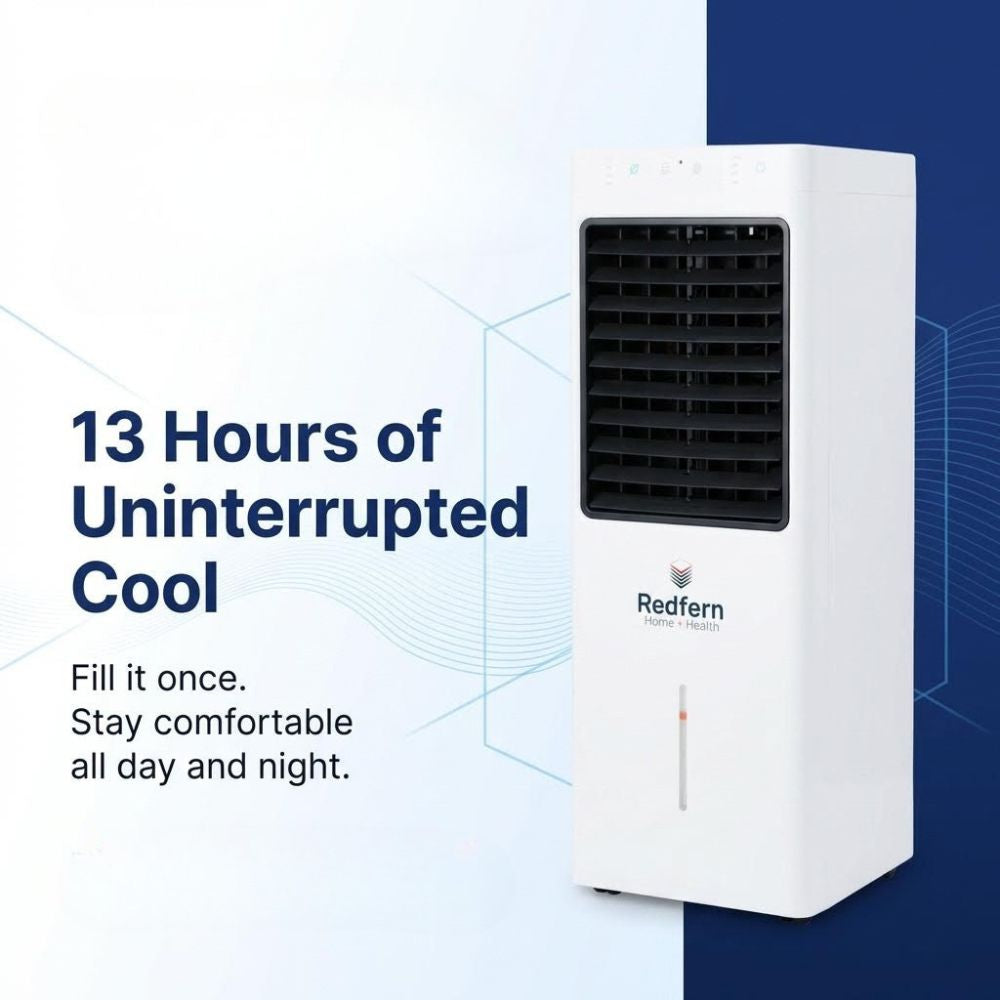 Portable air cooler with promotional text on a blue and white background