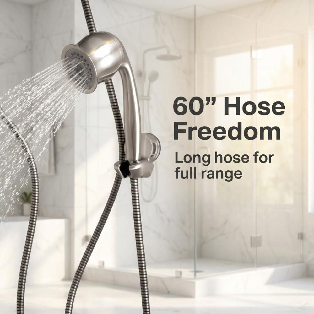 Brushed nickel handheld shower head with 60-inch hose in a bathroom setting