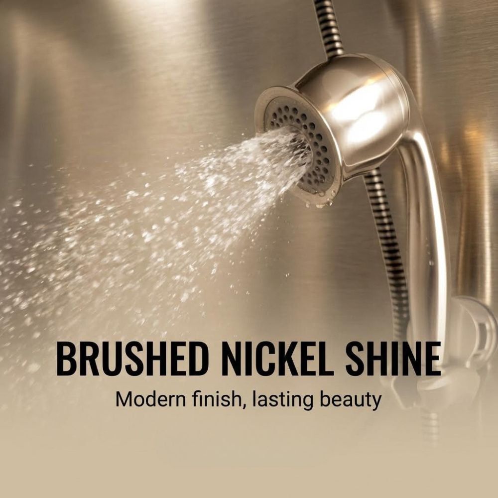 Brushed nickel shower head with water spray and text 'Brushed Nickel Shine' on a metallic background