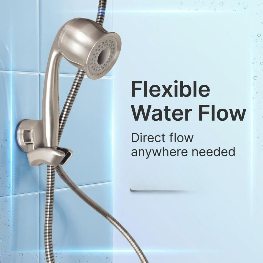 Handheld shower head with flexible hose on a tiled wall background