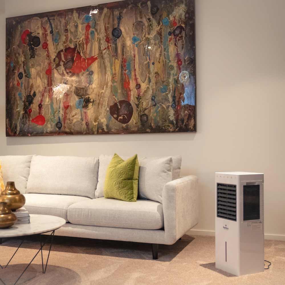 iQ Pure Breeze Air Cooler Evaporative Coolers in a living room