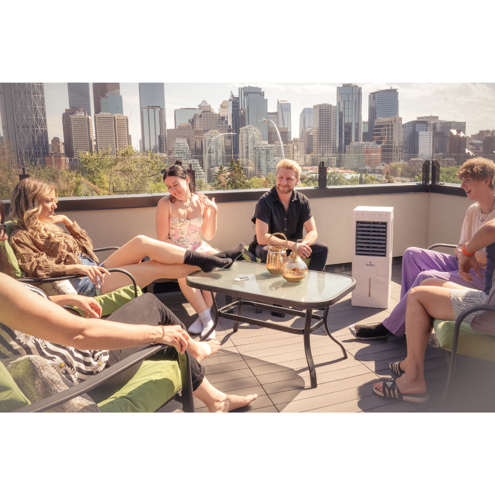 Friends on patio enjoying the iQ Pure Breeze Air Cooler Evaporative Cooler.