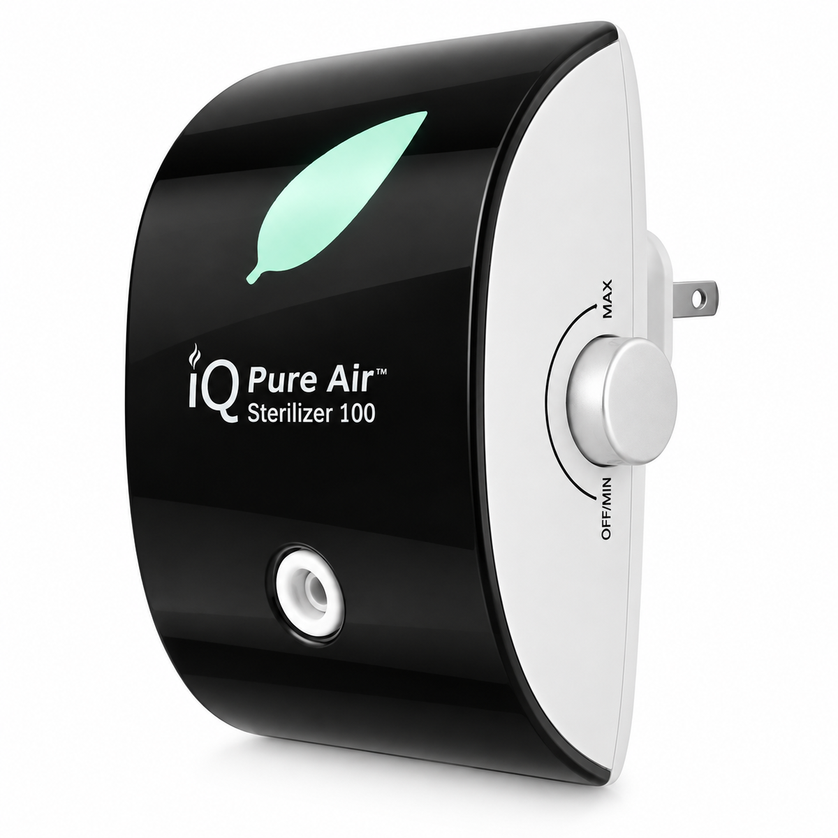 iQ Pure Fresh Pro wall plug-in device with a glossy black and white design, featuring a glowing mint green leaf icon and a silver rotary dial on the side.