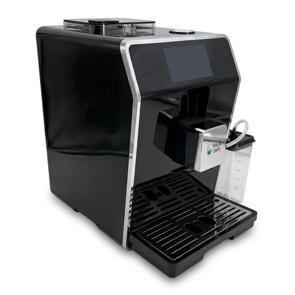 Italia Cafe I fully automatic coffee machine, left three-quarter view with touchscreen, milk container and drip tray