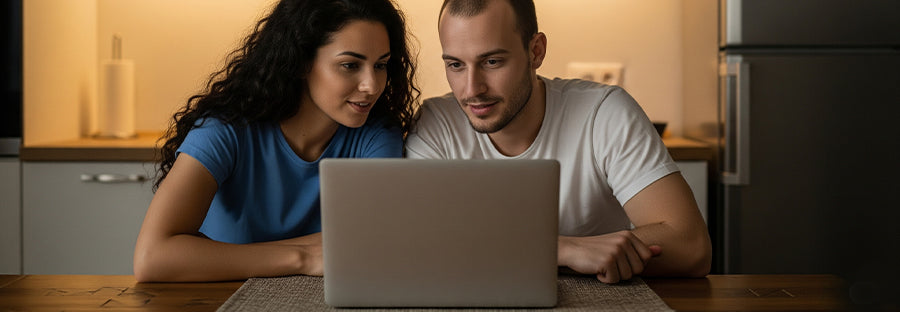 A couple on a laptop looking at where to Buy Portable Air Coolers Online in Canada?