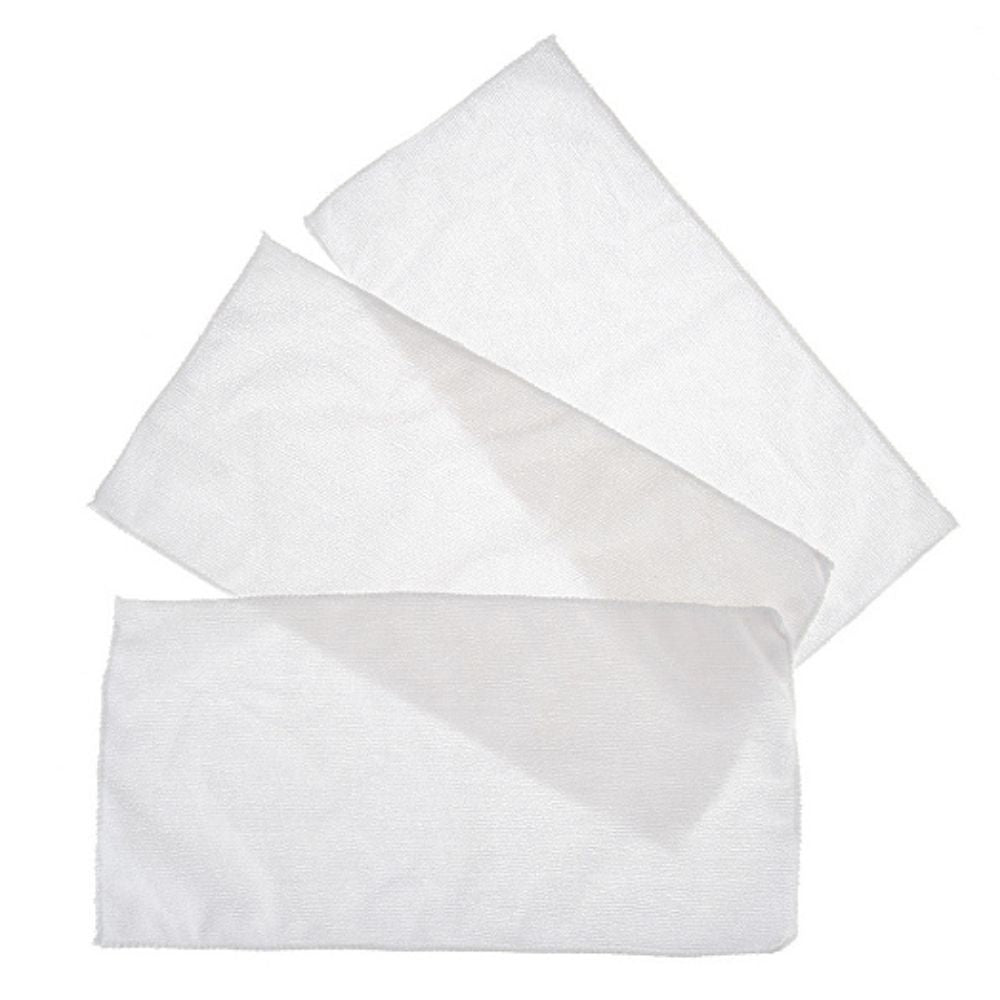 Three white rectangular filters stacked on a white background