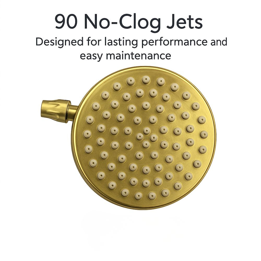 Gold shower head with 90 no-clog jets on a white background